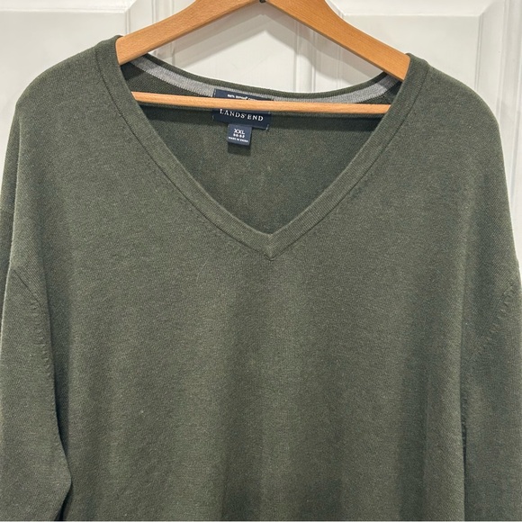 Lands' End Sweater Mens XXL (50-52) Green Pullover 100% Supima Cotton V Neck - Picture 1 of 6